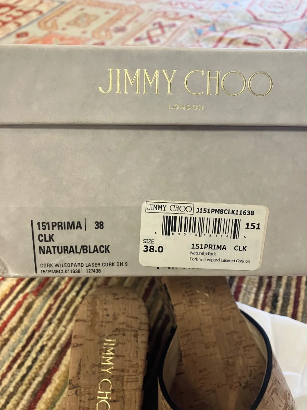 NEW Jimmy Choo USA 7 - Open Toe, Nude with Black Leopard Print, Cork Wedges